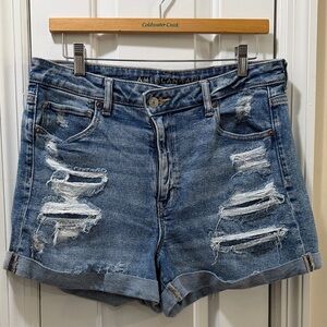 American Eagle Outfitters Distressed Medium Blue Denim Roll-Cuff Shorts
